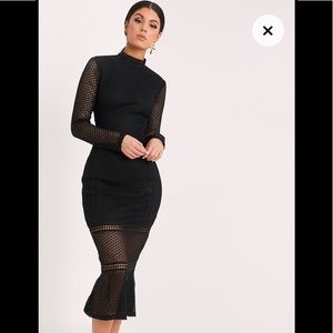 Black crochet lace dress midi open back NWOT